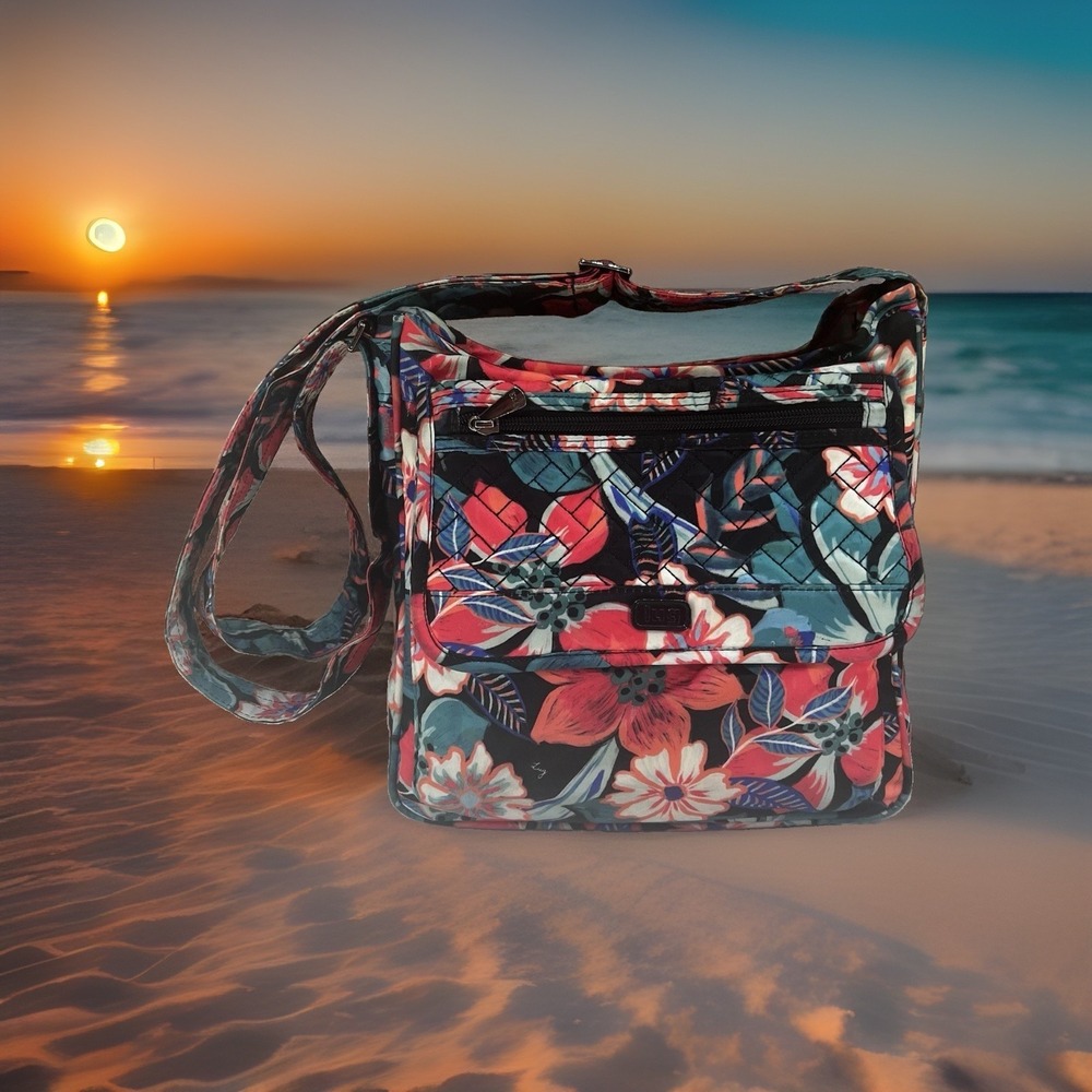 LUG Hopscotch Tropics Floral Fabric Crossbody Purse Bag- Lots of Pockets MINT